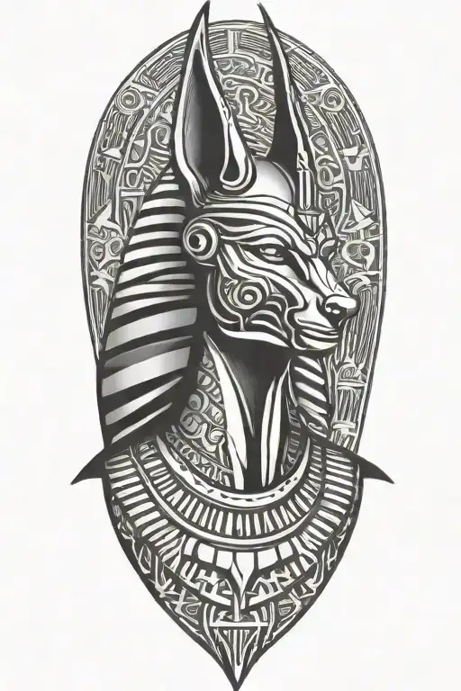 Anubis Egyptian with writing behind it tattoo design idea