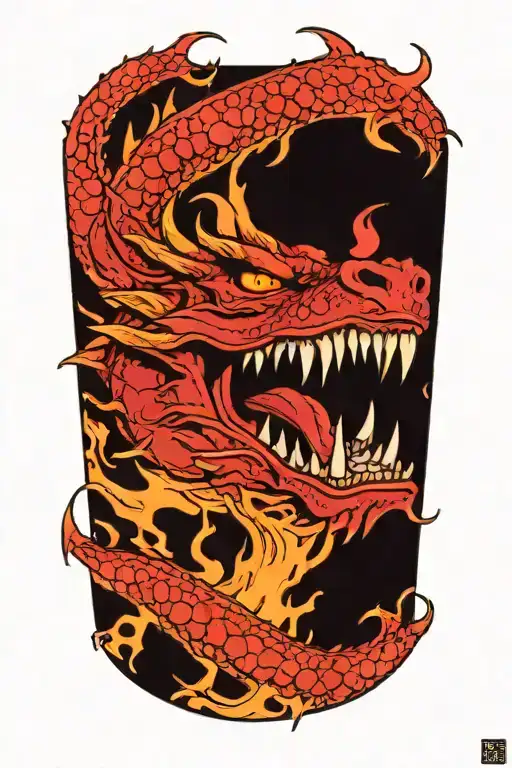 dragon with fangs and red eyes surrounded and flames coming out of it with fangs  tattoo design idea