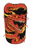 dragon with fangs and red eyes surrounded and flames coming out of it with fangs  tattoo design idea