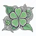 3 leaf clover outlined with a Celtic knot, with green leaves and metal knot  tattoo design idea
