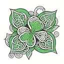 3 leaf clover outlined with a Celtic knot, with green leaves and metal knot  tattoo design idea