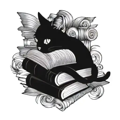 books, cat curled tattoo design idea