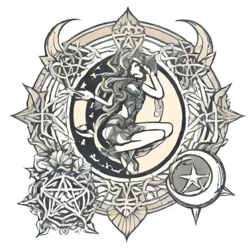 pagan triple moon goddess with pentagon  tattoo design idea