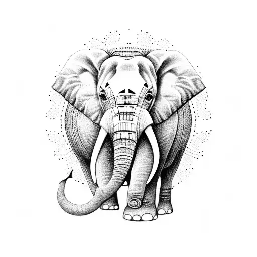 A dotwork design of an elephant surrounded by intricate patterns, symbolizing the beauty that can be found in the midst of mental health challenges tattoo design idea