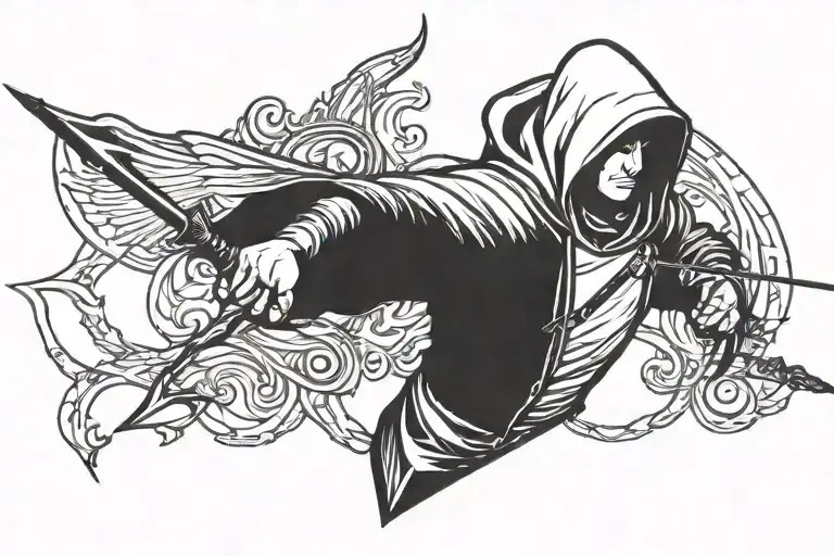 archer in a hooded face in flight with a superimposed arrow tattoo design idea