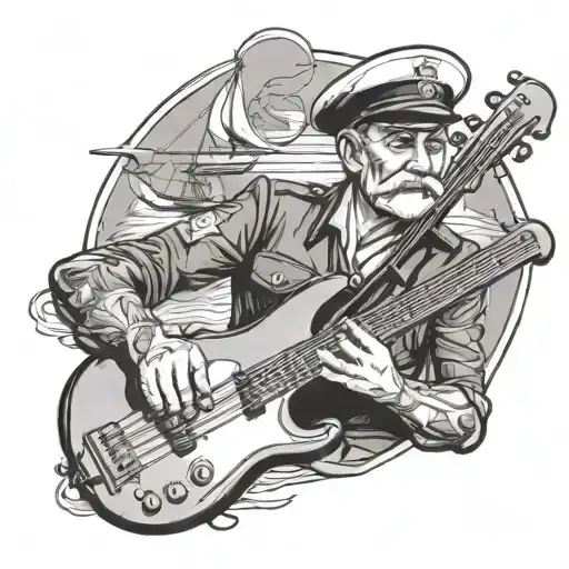 A detailed portrait of a ship captain with a bass guitar in hand, showcasing the passion for both music and sailing tattoo design idea