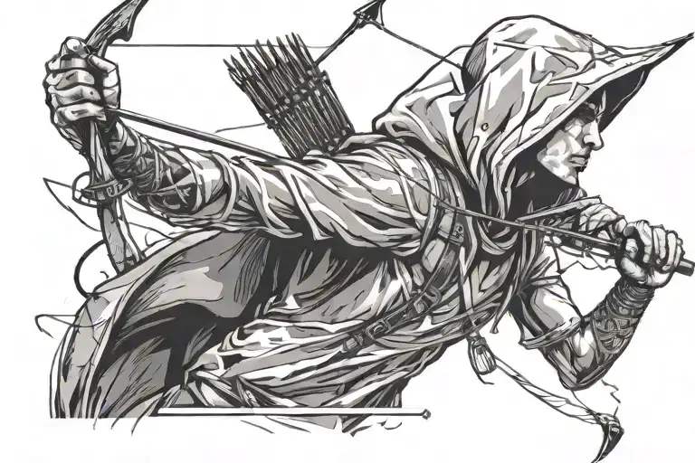 an archer who has lost everything but the arrow on his hand is ready to change everything. let him be jumping, with a bandage on his face, in a hood tattoo design idea
