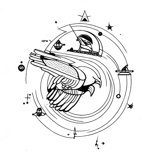Astronomical telescope with an eagle perched on top, looking at the stars tattoo design idea