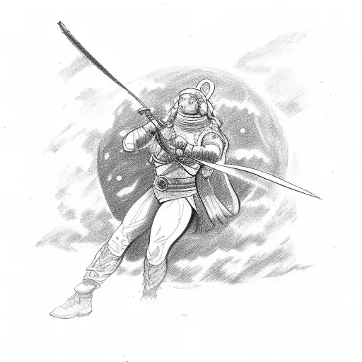 A sketch of a fighter in action with the moon as a symbol of strength and power tattoo design idea