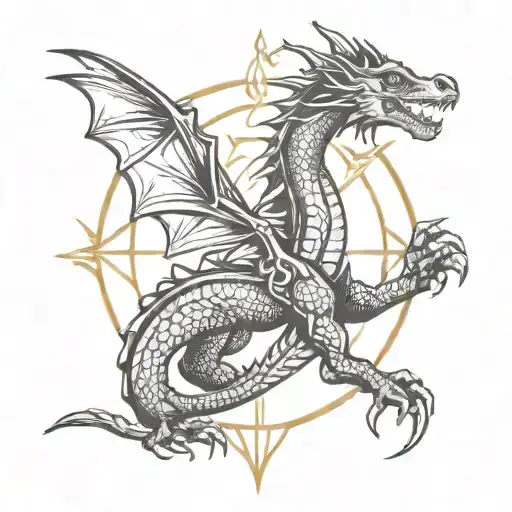 tarot symbols surrounding a simple outline of a dragon tattoo design idea