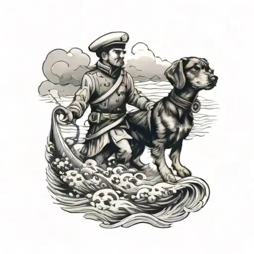 A sailor navigating stormy seas with a loyal dachsund companion by his side tattoo design idea