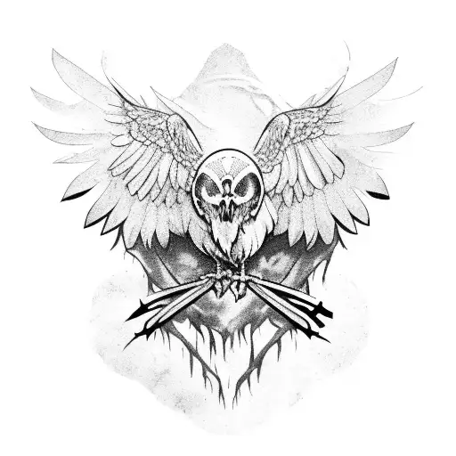 one eyed raven wings spread on top of a pile of skulls tattoo design idea