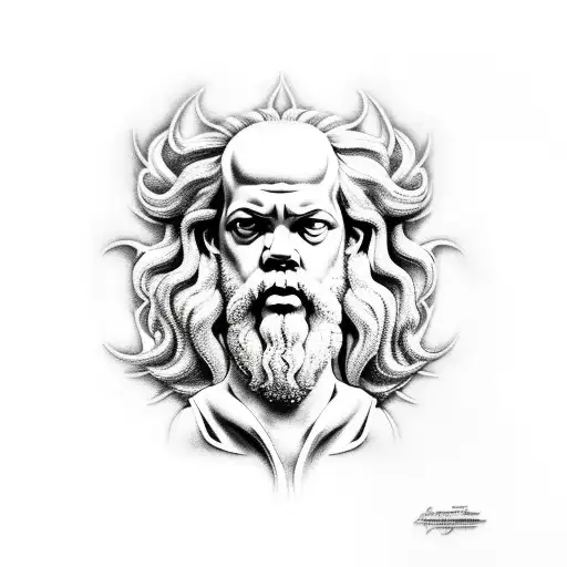 A realistic portrait of Socrates surrounded by flames and heavy metal symbols tattoo design idea