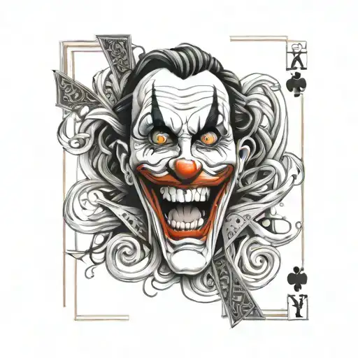 A twisted and dark joker face with a deck of cards swirling around him tattoo design idea