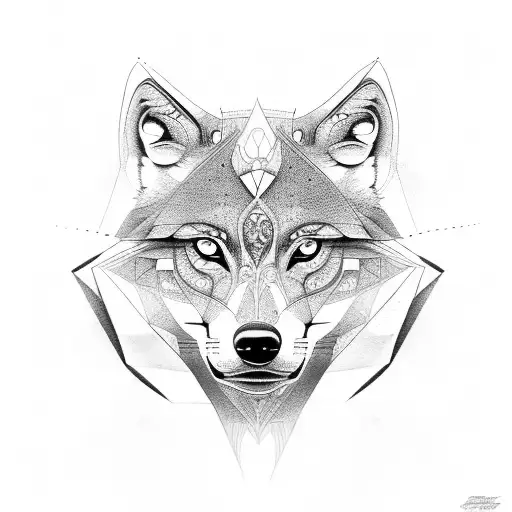 An intricate geometric design of a wolf's face tattoo design idea