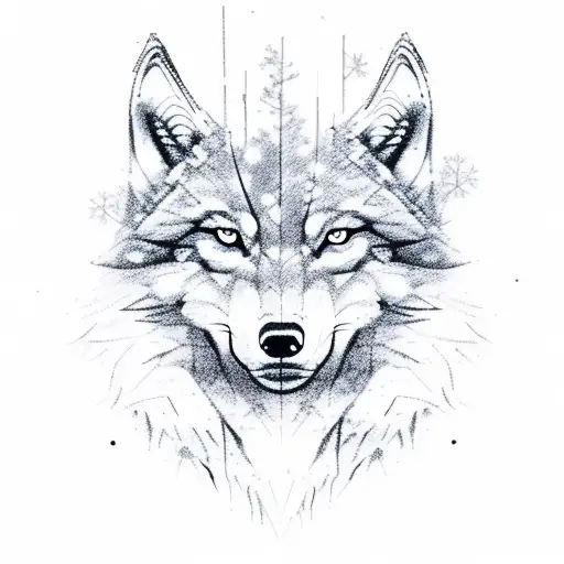 A realistic sketch of a wolf's head emerging from a snowy forest tattoo design idea
