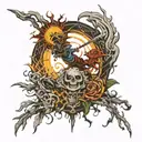 the sun burst through the clouds and fall like a circle of fire down on the hard land  scarecrows lyin’ facedown In the  tattoo design idea