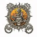 the sun burst through the clouds and fall like a circle of fire down on the hard land  scarecrows lyin’ facedown In the  tattoo design idea