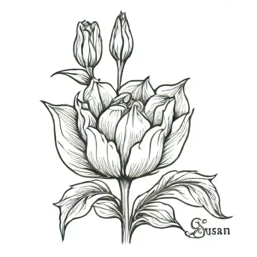 sawsan wrriten in arabic with a tulip flower tattoo design idea