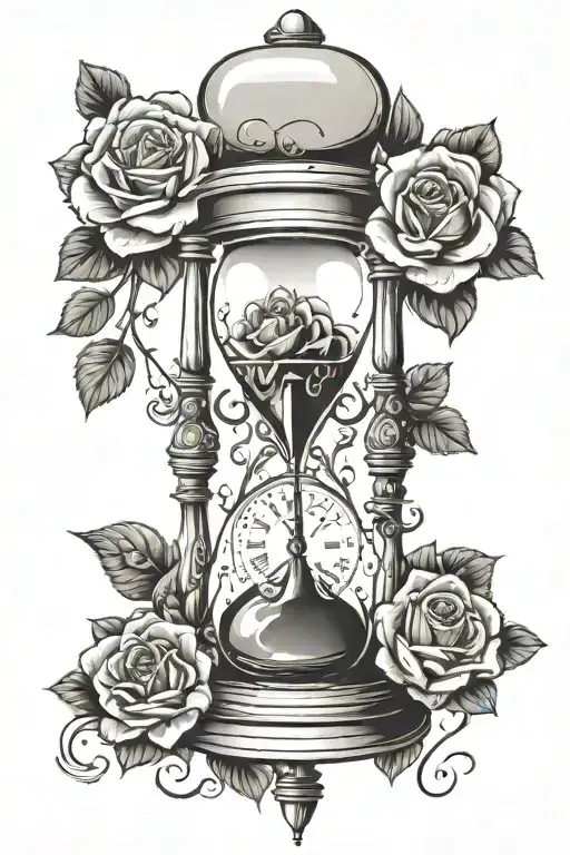 hourglass with clock melting with roses. with text saying Time will tell  tattoo design idea