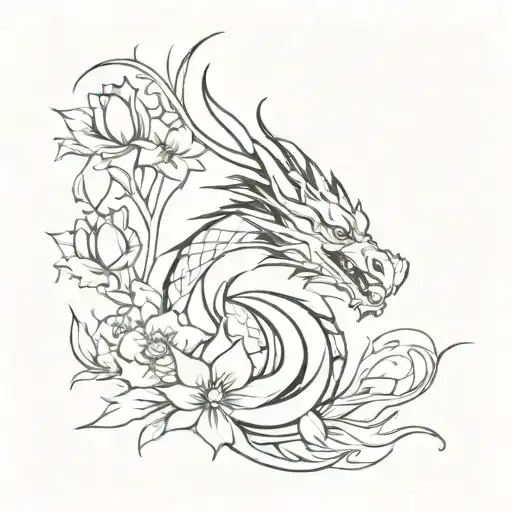 dragon rising with flowers tattoo design idea