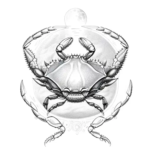 a lock in the shape of a crab on a moon made of water with delphinium flowers in the shape of thr cancer zodiac star sig tattoo design idea
