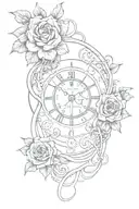 Infinity symbol with integrated clock, names, birthdates, and symbolic flowers: a timeless tribute. tattoo design idea