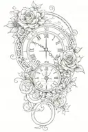 Infinity symbol with integrated clock, names, birthdates, and symbolic flowers: a timeless tribute. tattoo design idea