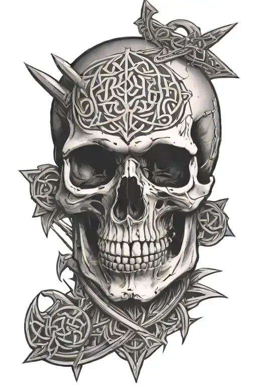 Skull on shoulder with celtic swords going through a split fractured skull ' tattoo design idea