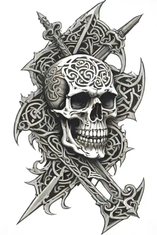 Skull on shoulder with celtic swords going through a split fractured skull 'with background art filling air  tattoo design idea
