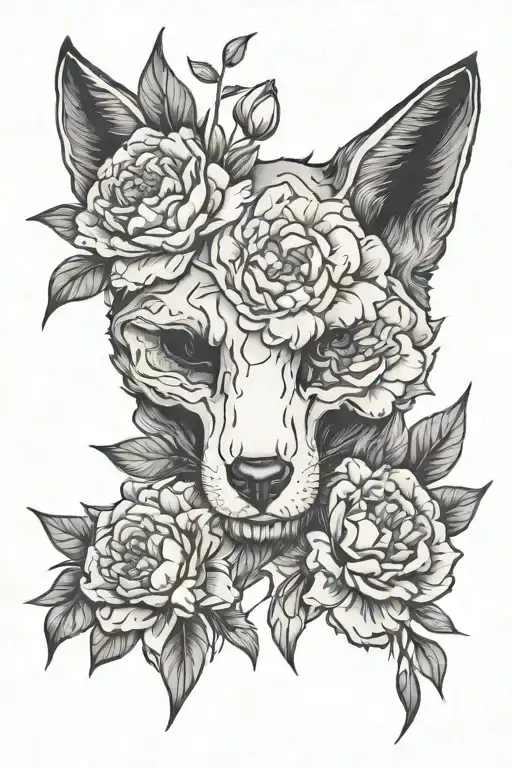 fox skull and peony flowers tattoo design idea