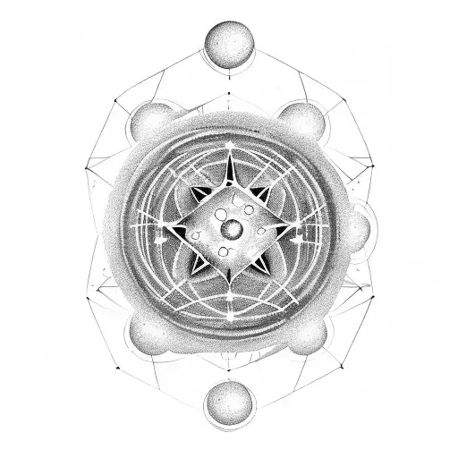 A tatoo of an atom in the universe, with the centre as two dices showing the numbers three and four tattoo design idea