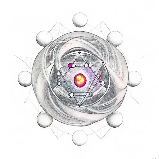 A tatoo of an atom in the universe, with the centre as two dices showing the numbers three and four tattoo design idea