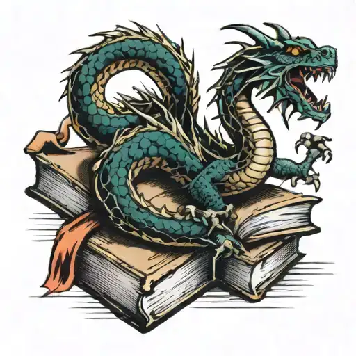 dragon on books tattoo design idea