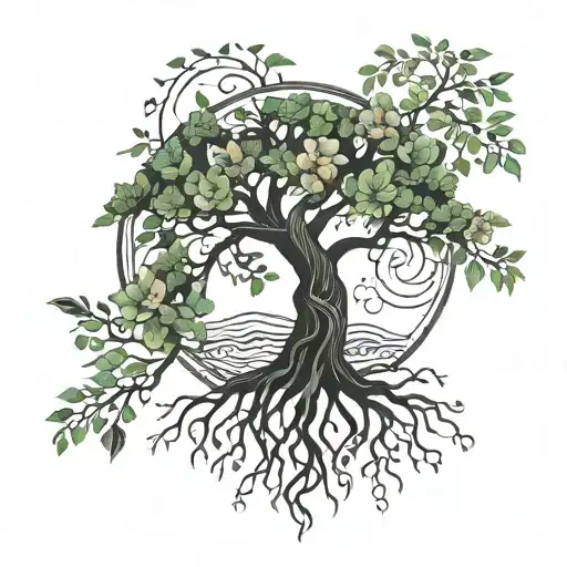 A strong tree with deep roots, green leaves, delicate flowers and a bright heart, symbolizing love tattoo design idea