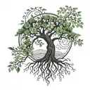 A strong tree with deep roots, green leaves, delicate flowers and a bright heart, symbolizing love tattoo design idea
