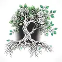 A strong tree with deep roots, green leaves, delicate flowers and a bright heart, symbolizing love tattoo design idea
