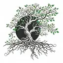 A strong tree with deep roots, green leaves, delicate flowers and a bright heart, symbolizing love tattoo design idea