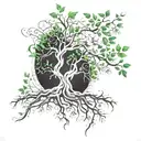 A strong tree with deep roots, green leaves, delicate flowers and a bright heart, symbolizing love tattoo design idea