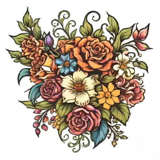 Create a bouquet of flowers featuring the birth flowers for January, June, August, September, and December. tattoo design idea