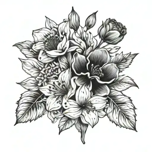 Create a bouquet of flowers featuring the birth flowers for January, June, August, September, and December. tattoo design idea