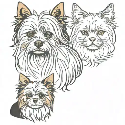 A Yorkshire Terrier dog on the right side, a Norwegian forest cat head on the right side and a scale in the center.  tattoo design idea