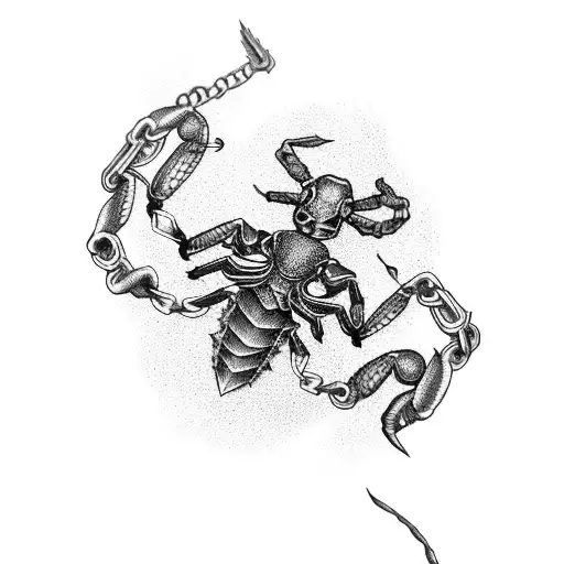 scorpion covering entire shoulder with tail that morphs into chains wrapping around arm tattoo design idea