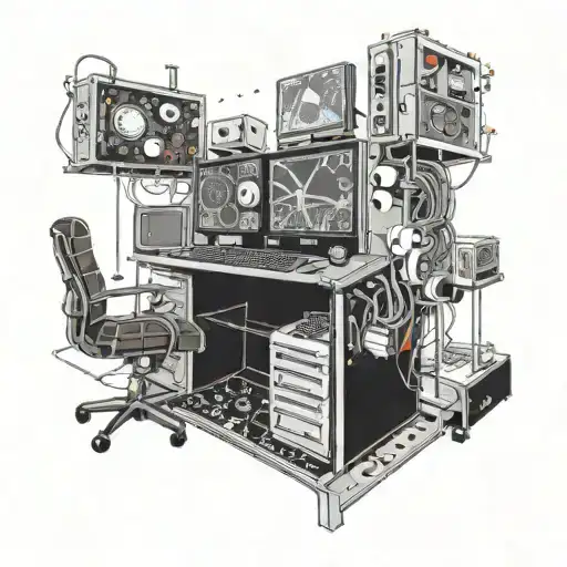 An intricate design of a computer server room with anime-inspired elements and gaming motifs, symbolizing the client's occupation as a system administrator and their love for anime and gaming tattoo design idea