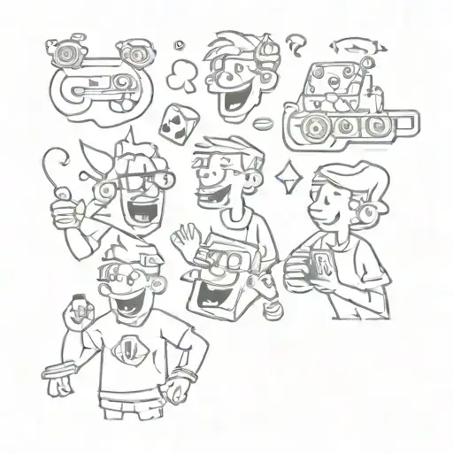 A whimsical illustration of the client and their friends laughing together, surrounded by playful gaming icons and music symbols, capturing the joy of friendship and shared interests tattoo design idea