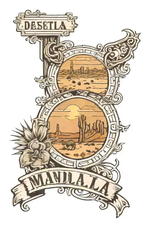 Mandalla desert scene with RT 66 road and sign intertwined tattoo design idea