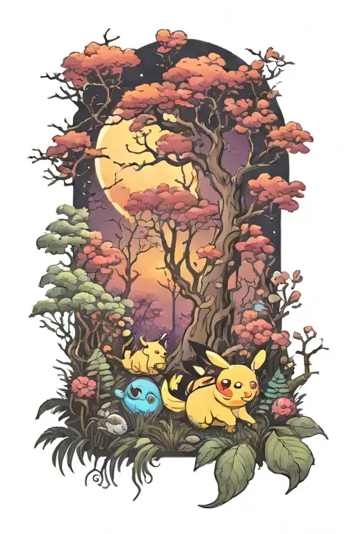 moonlit forest scene with running pokemon tattoo design idea