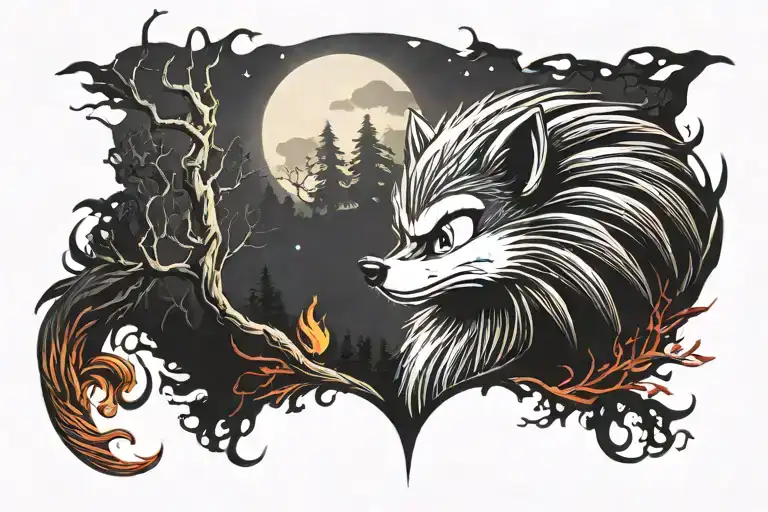 moonlit forest with sonic the hedgehog profile with fiery tattoo design idea
