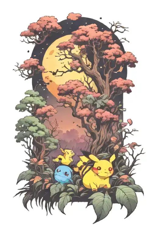moonlit forest scene with running pokemon tattoo design idea