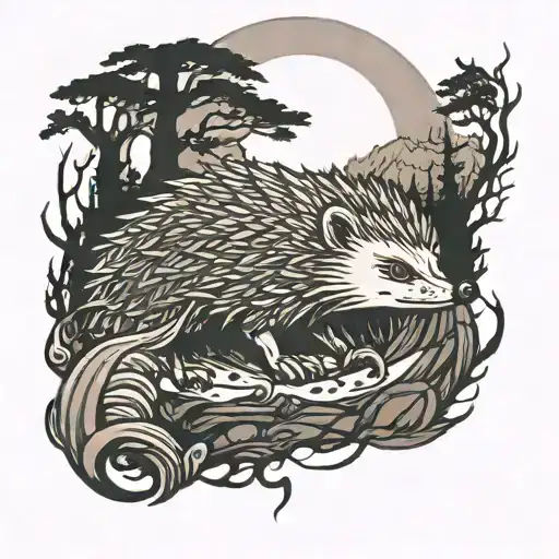moonlit dark forest scene with running Sonic the hedgehogk tattoo design idea